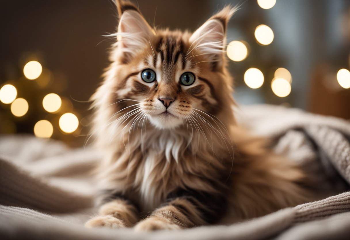 A Maine Coon kitten is welcomed with open arms, surrounded by cozy blankets and toys in a warm, well-lit room