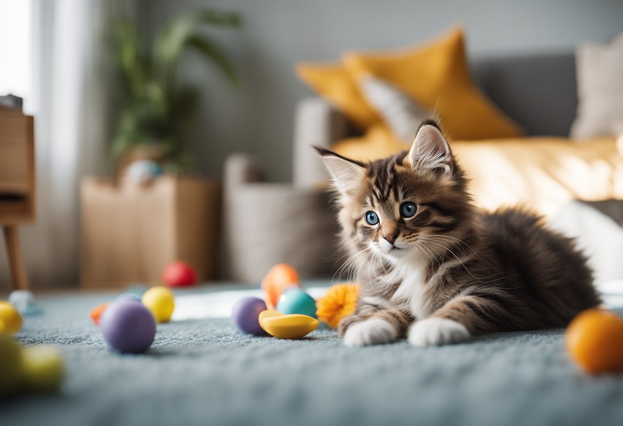 A lively Maine Coon kitten plays in a sunny, spacious room, surrounded by toys and a cozy bed. The kitten's sleek fur glistens in the light, and its bright eyes sparkle with curiosity and energy