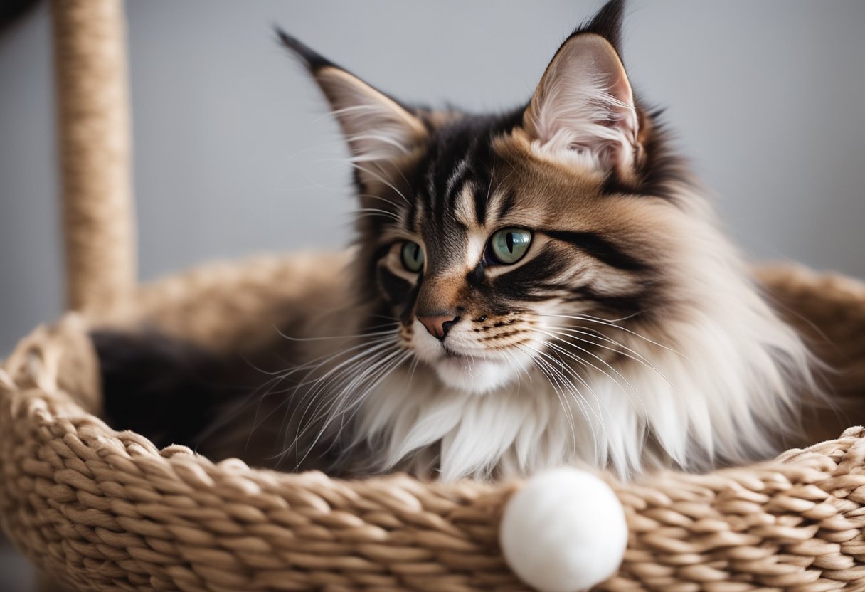 A Maine Coon kitten with tufted ears and a bushy tail, exploring a cozy, spacious environment with scratching posts and toys