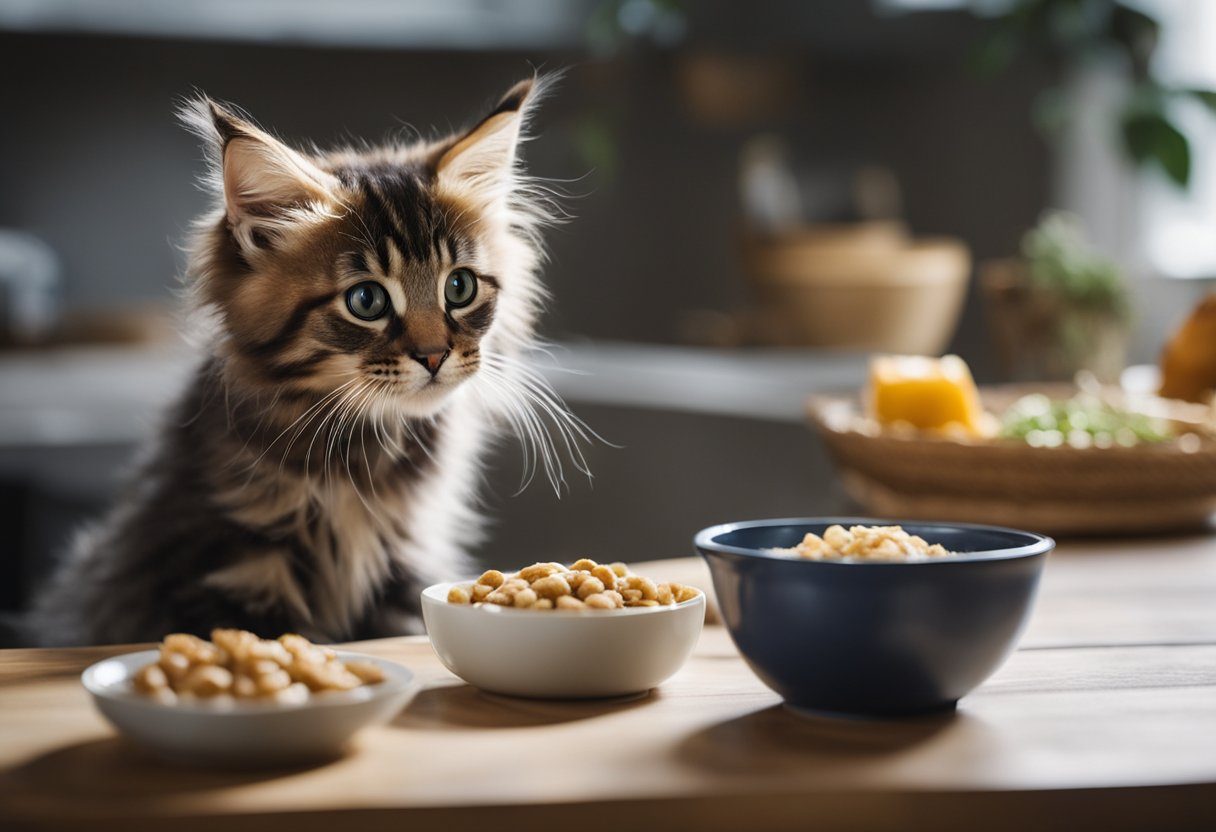 A Maine Coon kitten eagerly approaches a bowl of nutritious food, while a larger cat watches attentively nearby