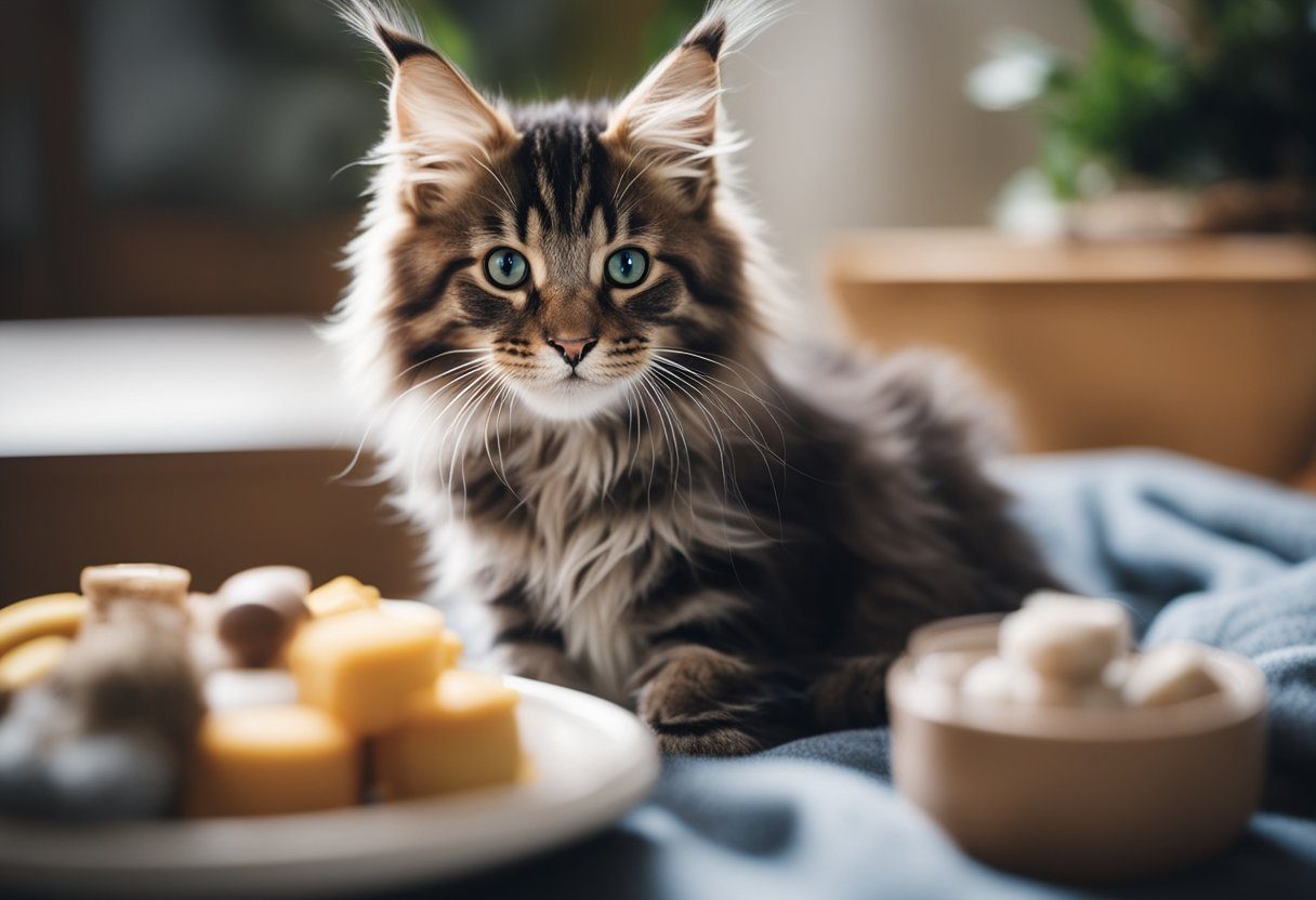 A Maine Coon kitten is being welcomed into a cozy home, with a soft bed, toys, and a bowl of food and water