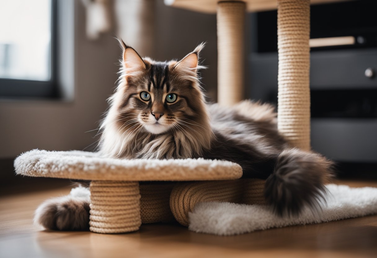 A cozy environment with a scratching post, toys, and a soft bed for a Maine Coon kitten