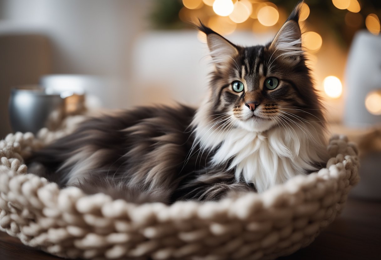 A fluffy Maine Coon kitten is being welcomed into a cozy home, with a soft bed, toys, and a bowl of food and water