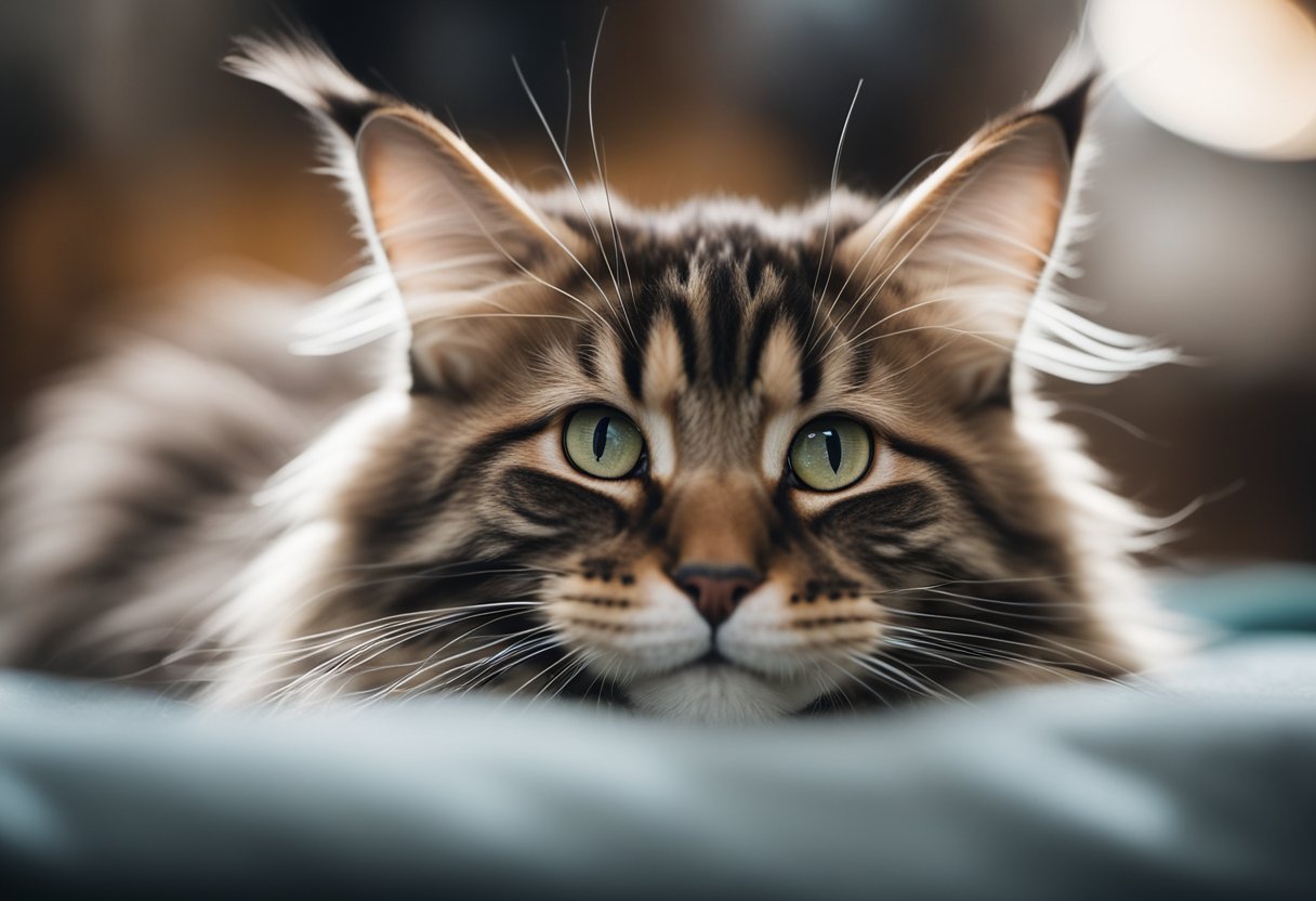 A Maine Coon kitten being welcomed into a cozy home with toys and a soft bed